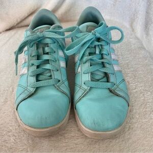 Adidas teal blue kids sneakers with white stripes, size 4, preowned